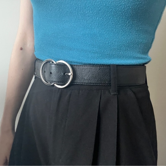 Black Genuine Leather Silver Double Loop Buckle Preppy Prep Statement Belt - Picture 8 of 10